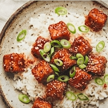 Crispy chili tofu on rice